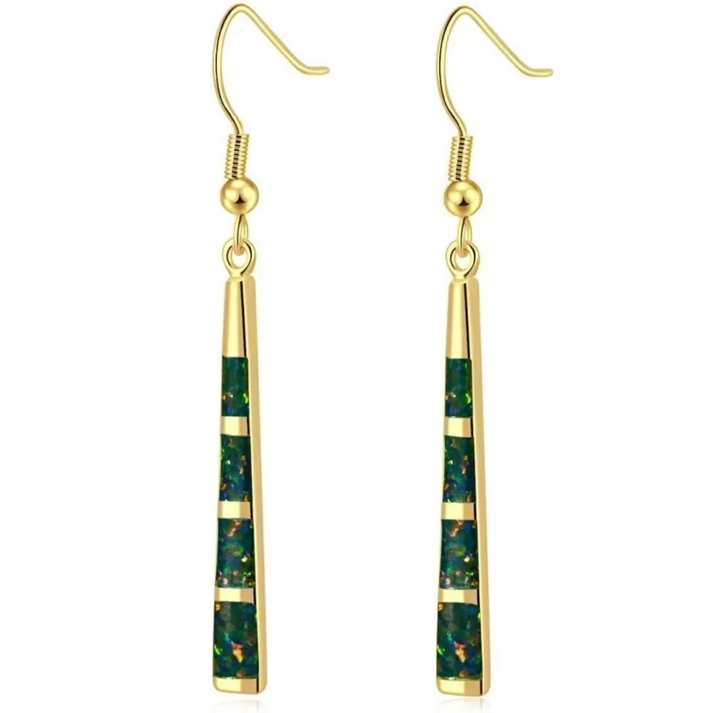 14K Yellow Gold with Genuine Green Black Fire Opal Tapered Bar Hook Earrings